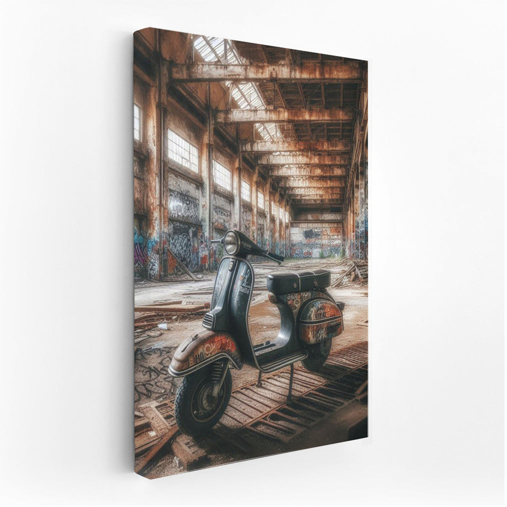 Nostalgia on Wheels: Scooter in an Abandoned Warehouse