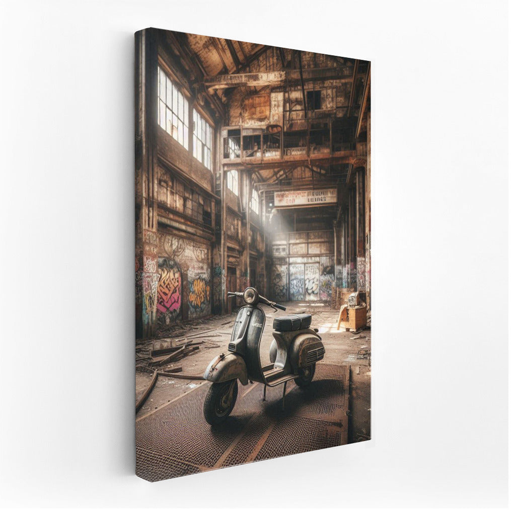 Vintage Scooter in Forgotten Warehouse: Stories on the Wall