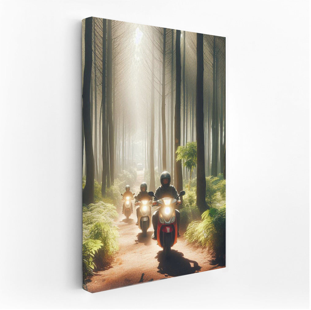Three Scooters on a Forest Trail: Morning Light of Freedom
