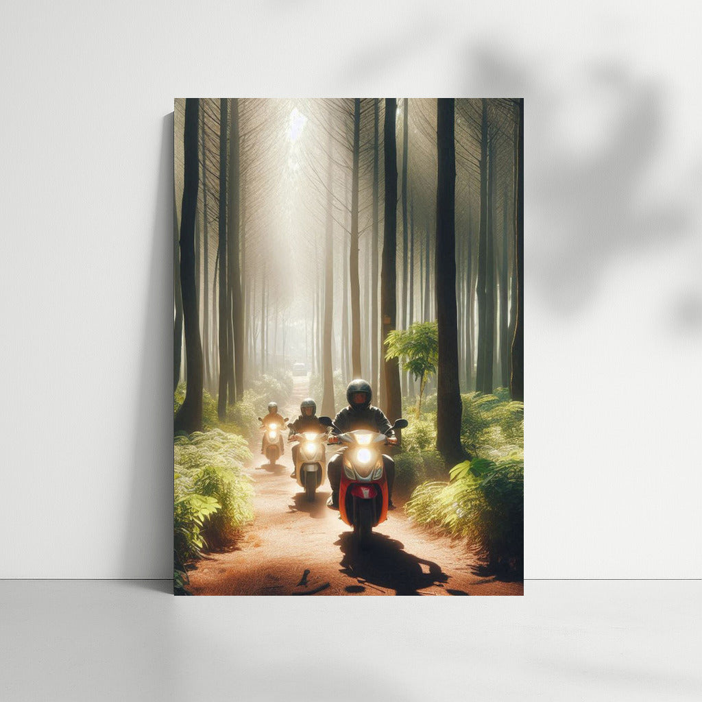Three Scooters on a Forest Trail: Morning Light of Freedom