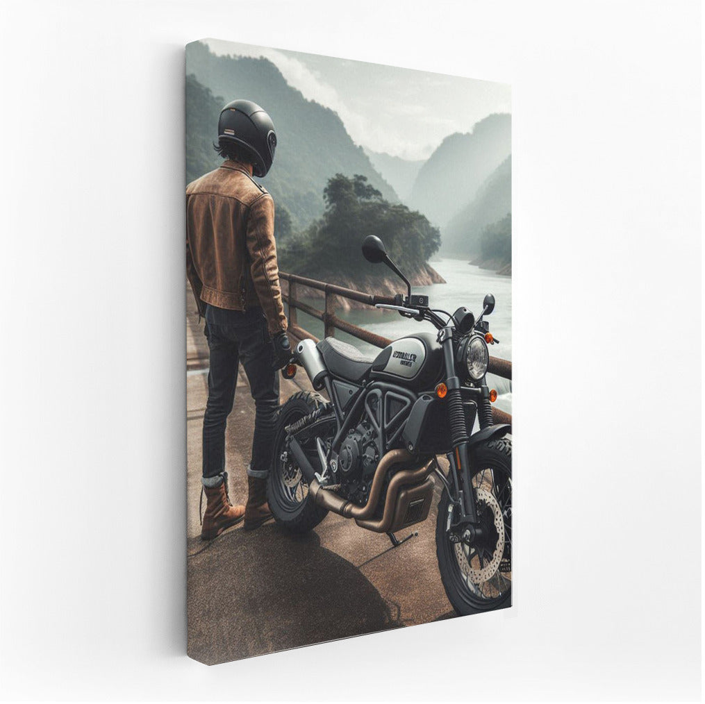 Freedom on Wheels: Scrambler on the Bridge between Mountains and River