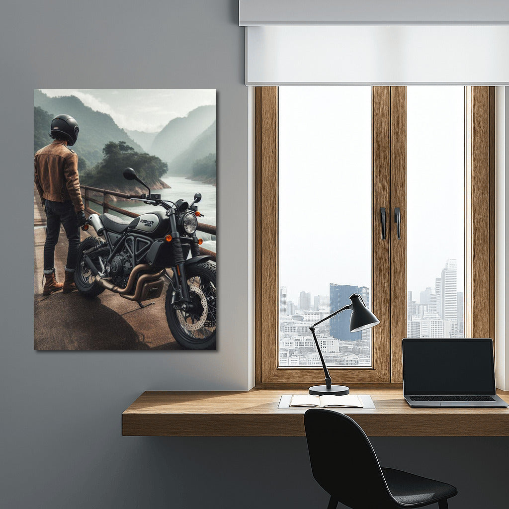 Freedom on Wheels: Scrambler on the Bridge between Mountains and River