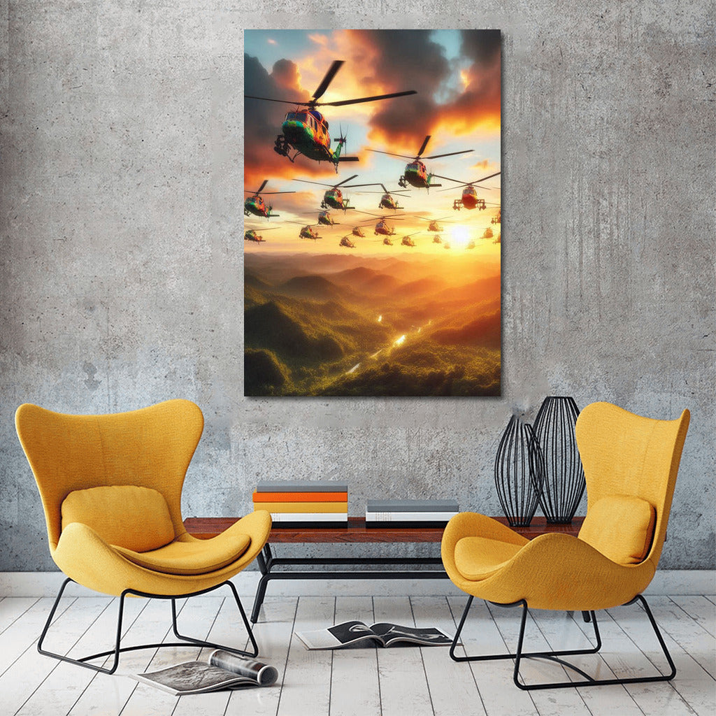 Sunset Assault: Helicopters Over the Forest
