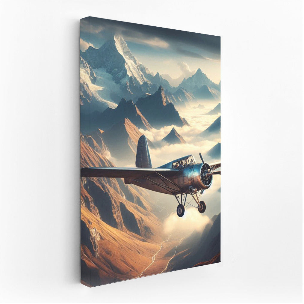 An experimental aircraft soars over a mountainous landscape