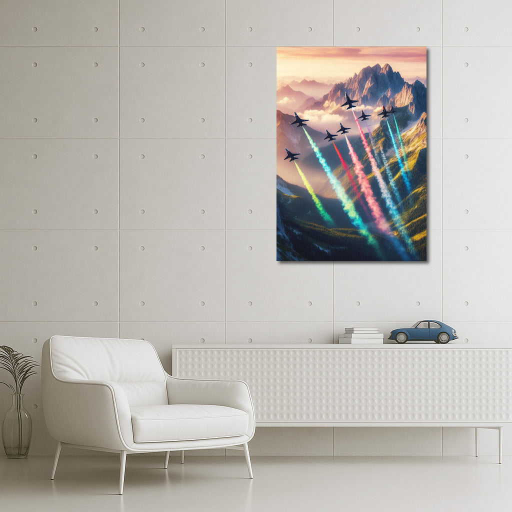 Coloured traces of fighter jets over mountain landscape
