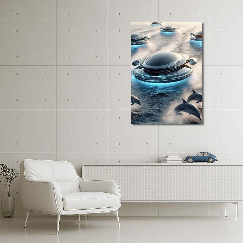 Hovercraft and dolphin dance over the ocean