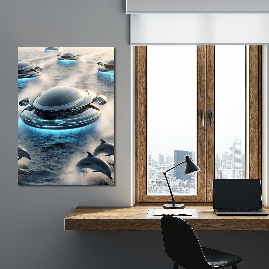 Hovercraft and dolphin dance over the ocean