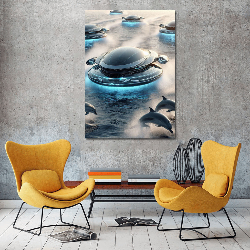 Hovercraft and dolphin dance over the ocean
