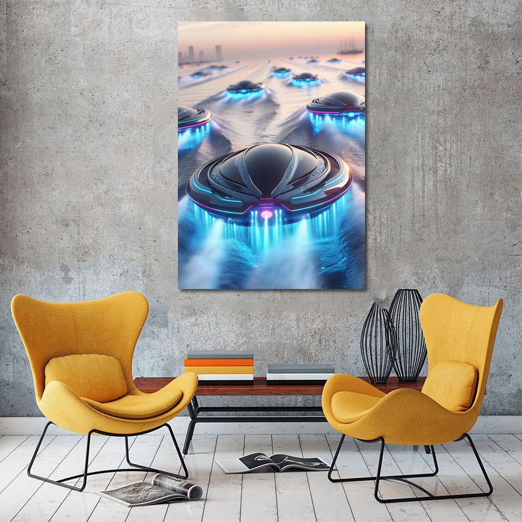 Futuristic Hovercrafts Sea: Gliding on the Waves