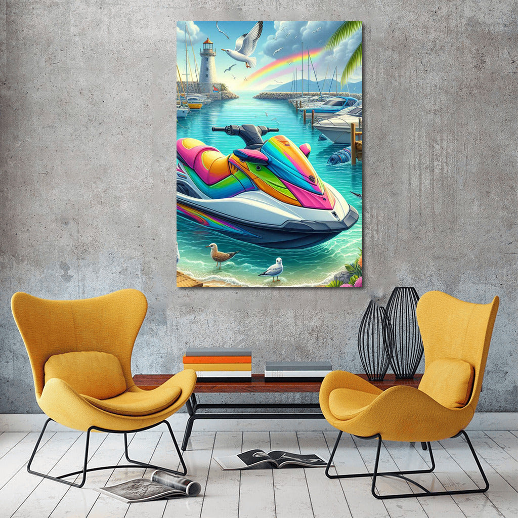 Rainbow Jet Ski at the Harbor: A Refreshing Explosion of Color