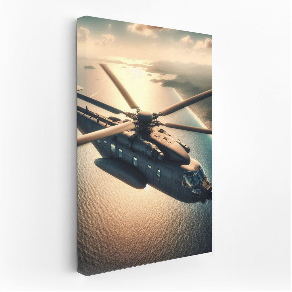 Sunset Flight: Reconnaissance Helicopter Over the Ocean