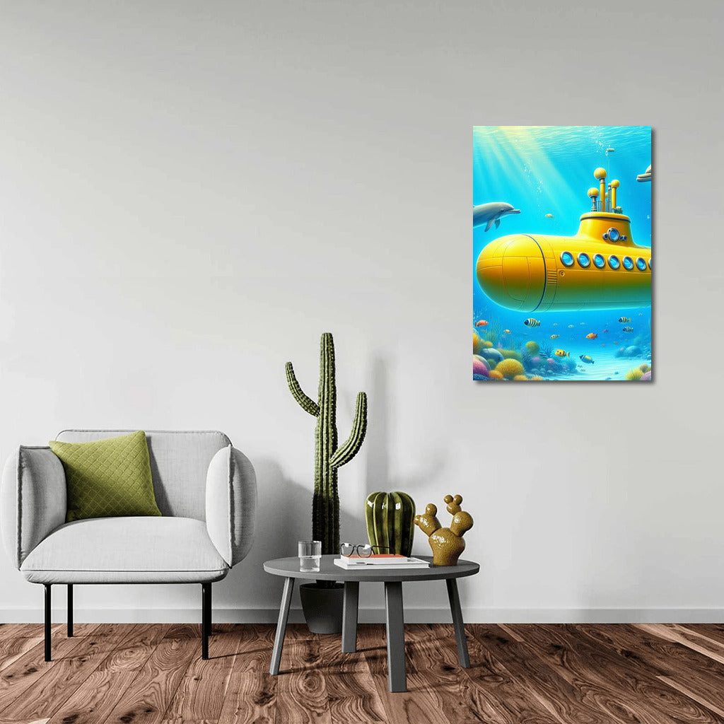 Yellow Submarine and Playful Dolphins in the Underwater World
