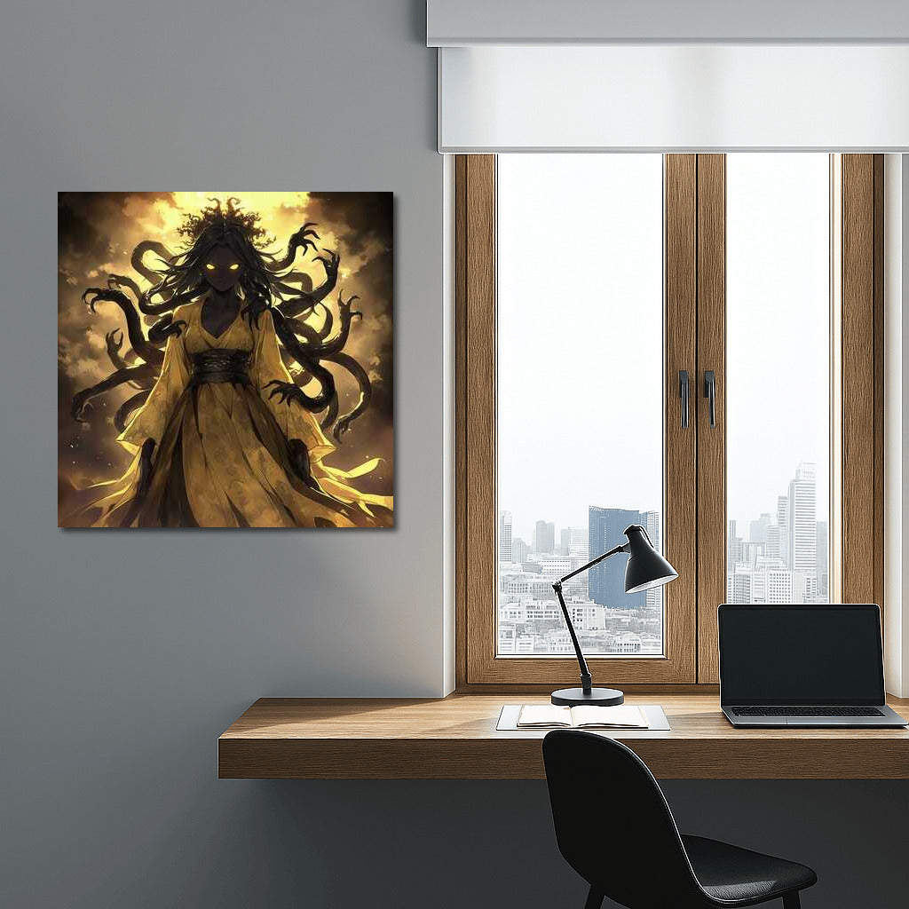 Embodiment of Horror: A Dark Figure with Glowing Eyes and Tentacles