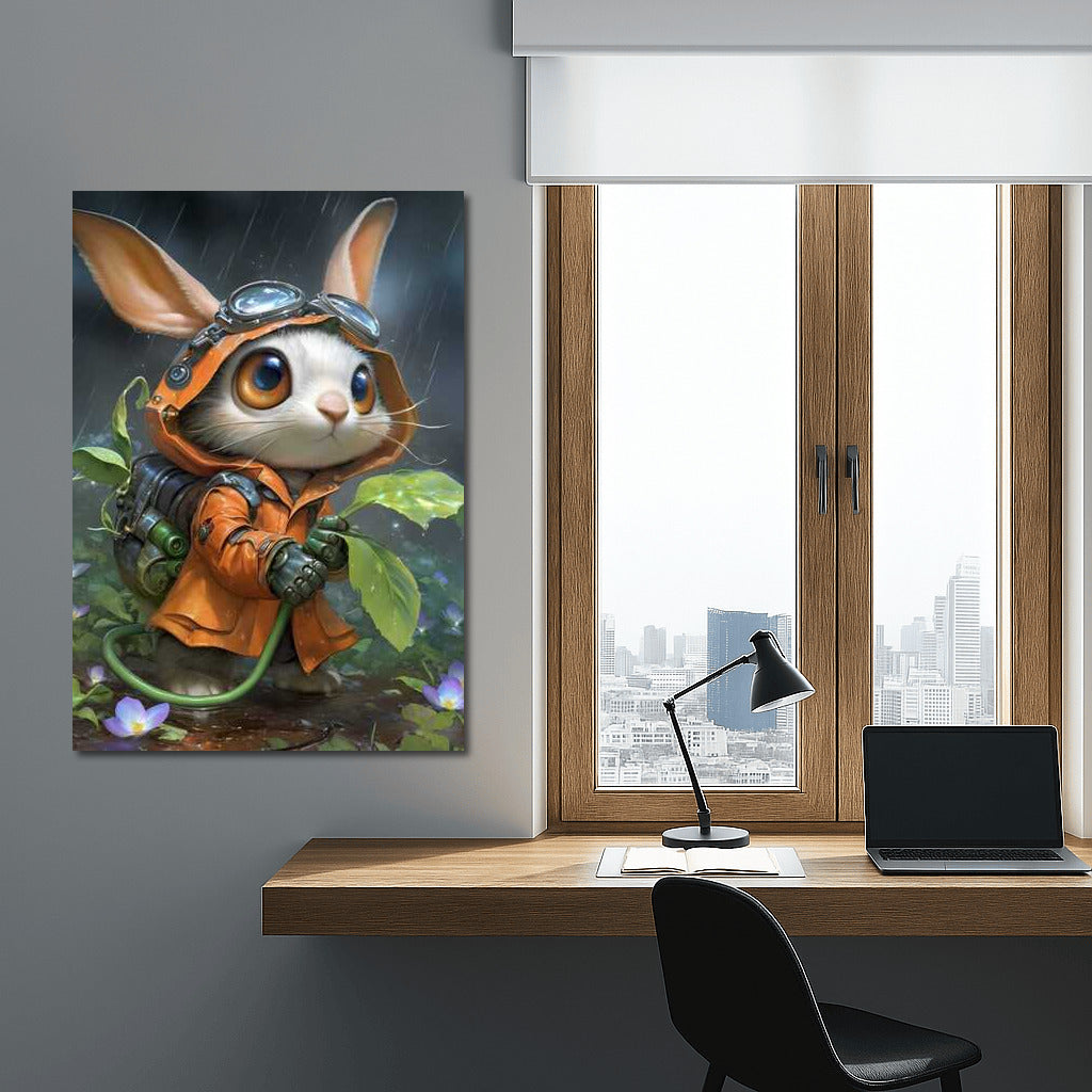Fairytale Journey: Cute Anthropomorphic Rabbit in the Rain