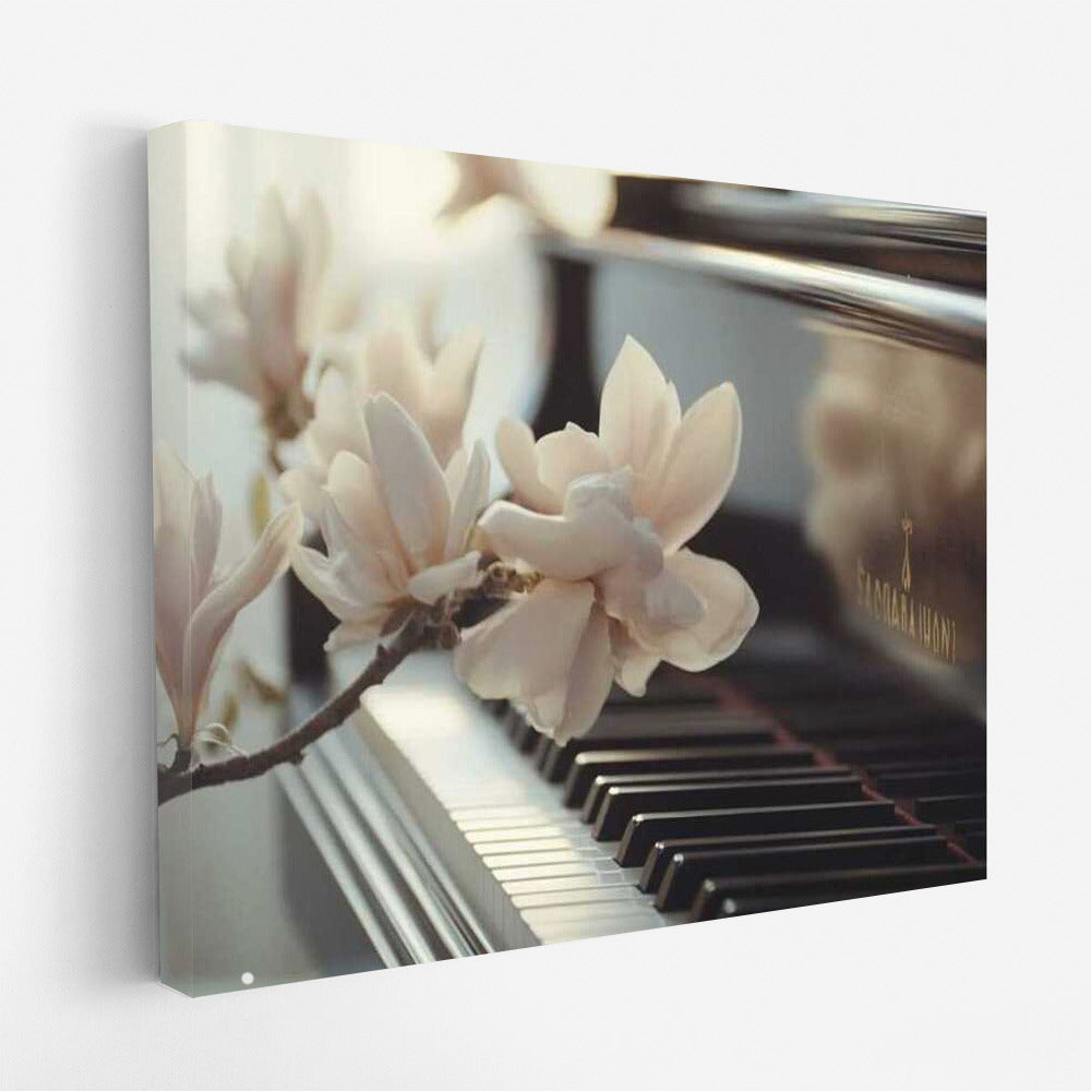 Magnolias and Music: Delicate Flowers on a Classic Piano Background