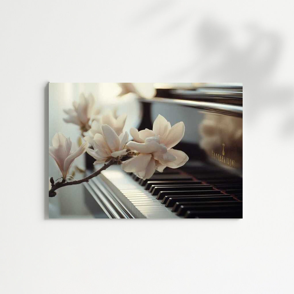 Magnolias and Music: Delicate Flowers on a Classic Piano Background