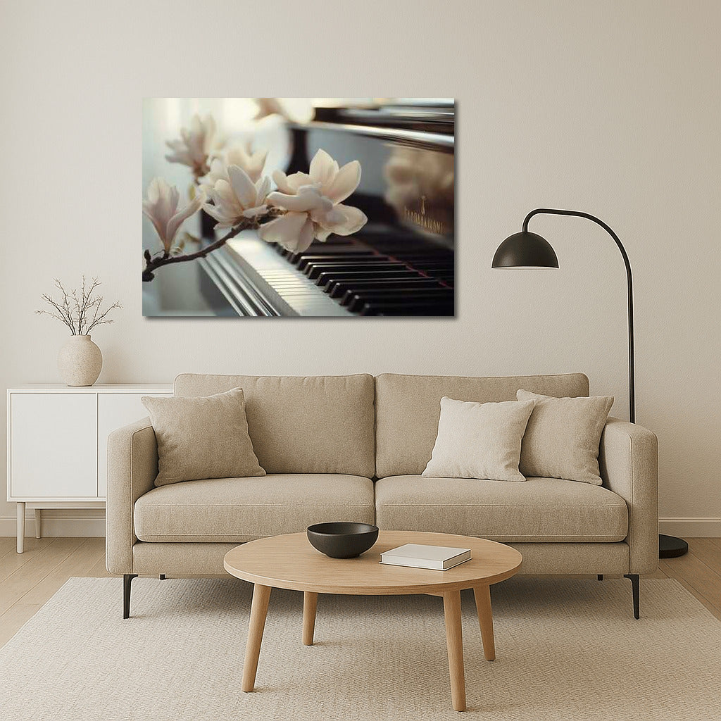 Magnolias and Music: Delicate Flowers on a Classic Piano Background