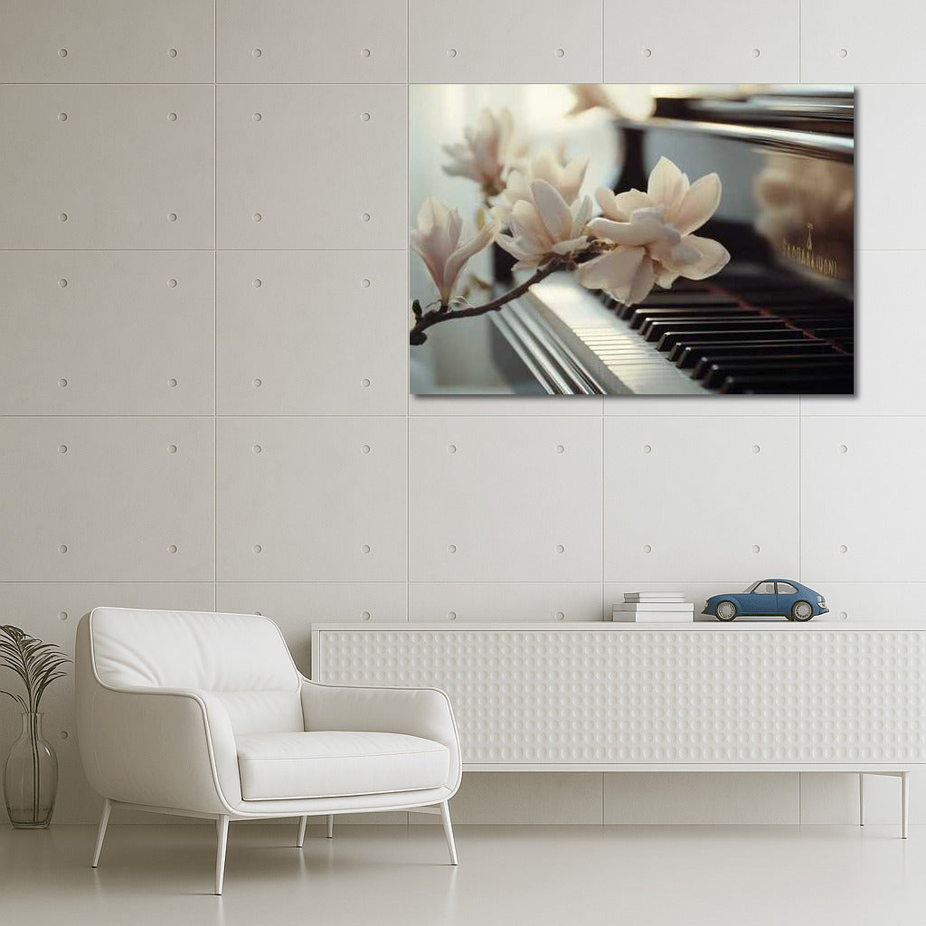 Magnolias and Music: Delicate Flowers on a Classic Piano Background
