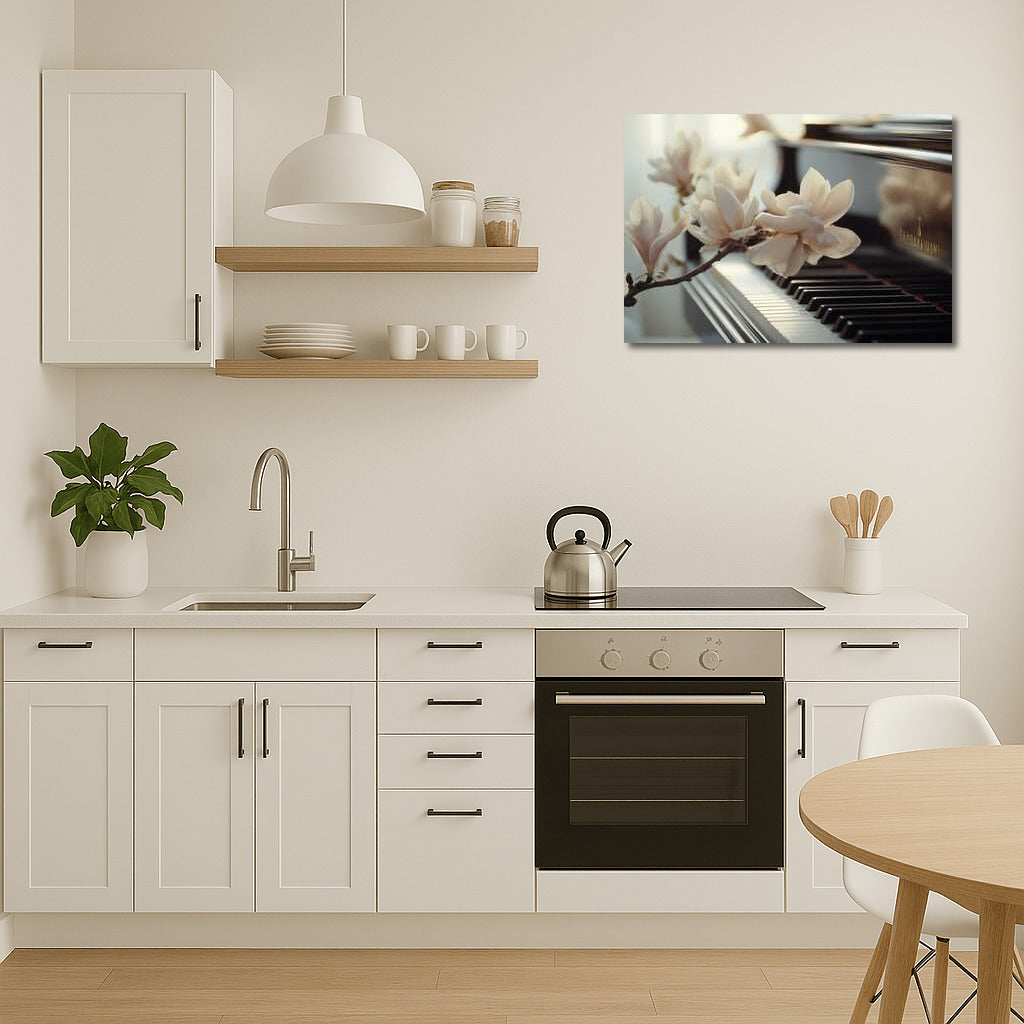 Magnolias and Music: Delicate Flowers on a Classic Piano Background
