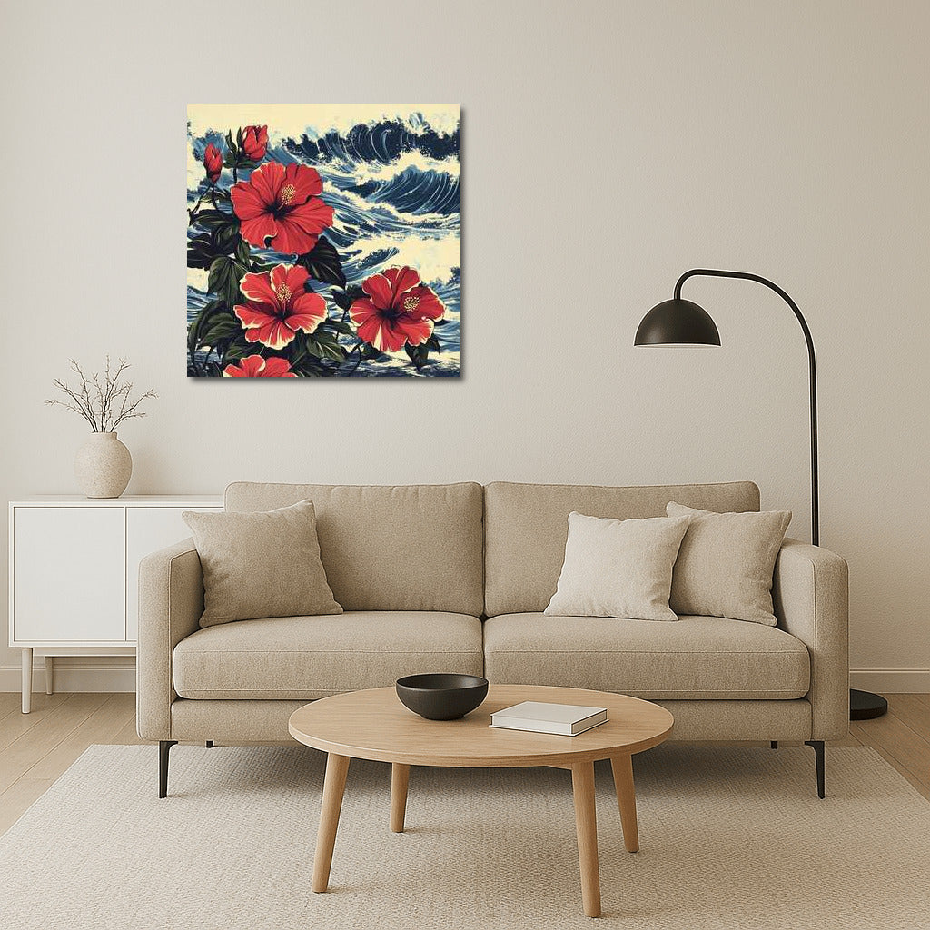 Tropical Hibiscus: Red Hawaiian Flower on Seascape Background