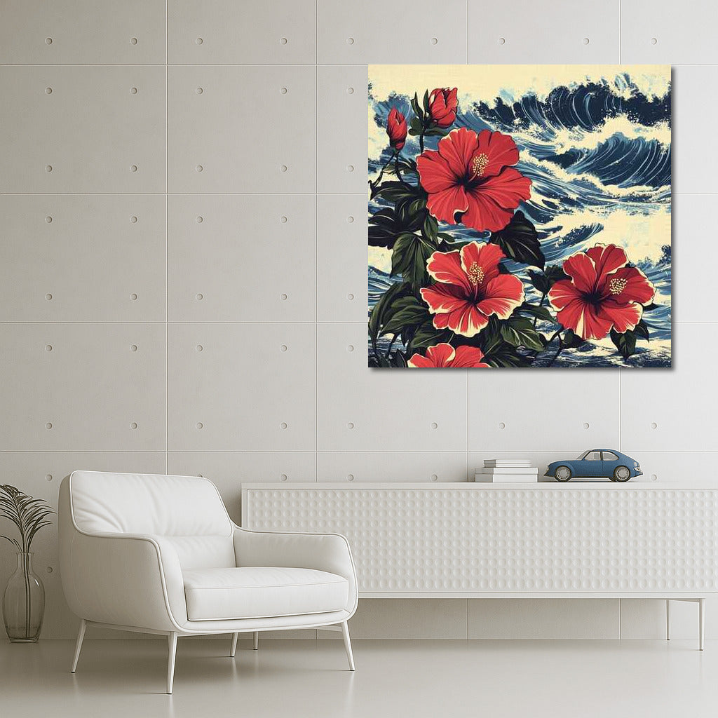 Tropical Hibiscus: Red Hawaiian Flower on Seascape Background