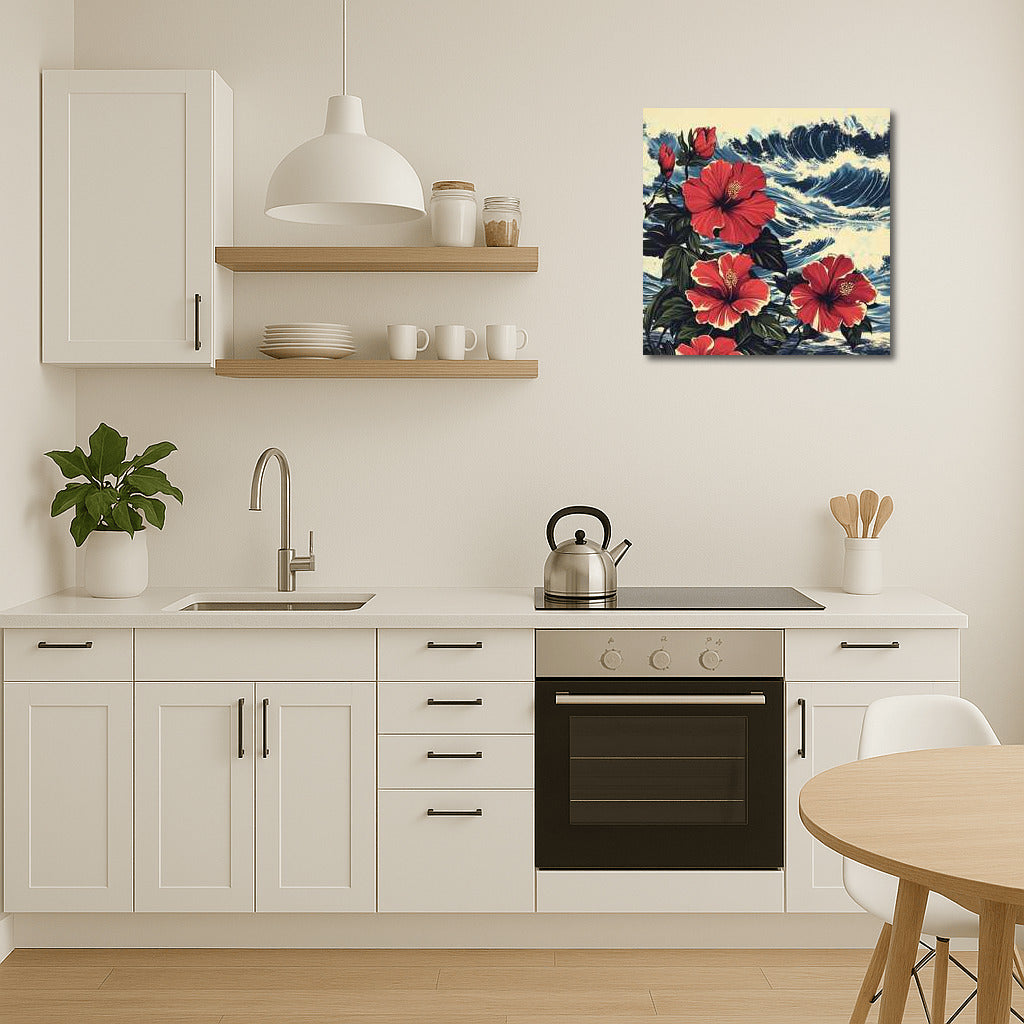 Tropical Hibiscus: Red Hawaiian Flower on Seascape Background