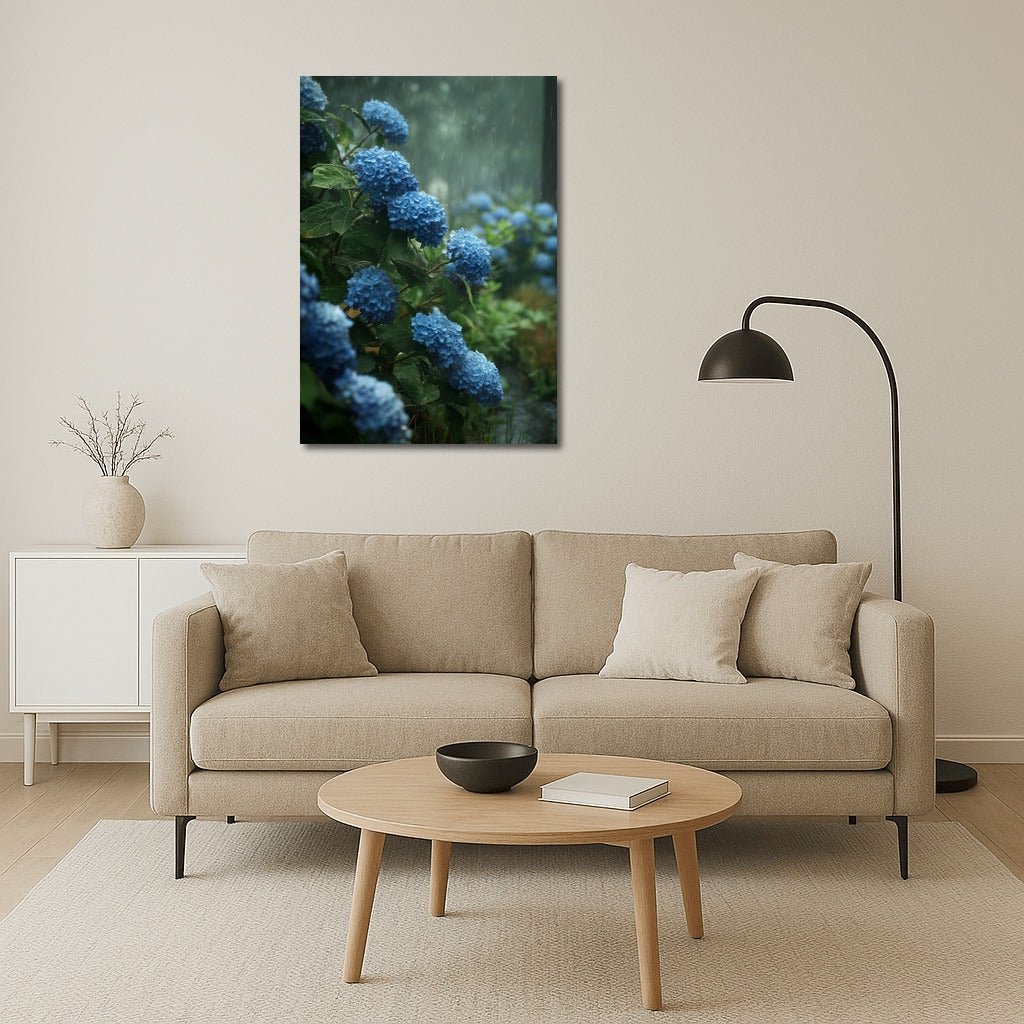 Blue Hydrangeas: Floral Symphony in the Rain