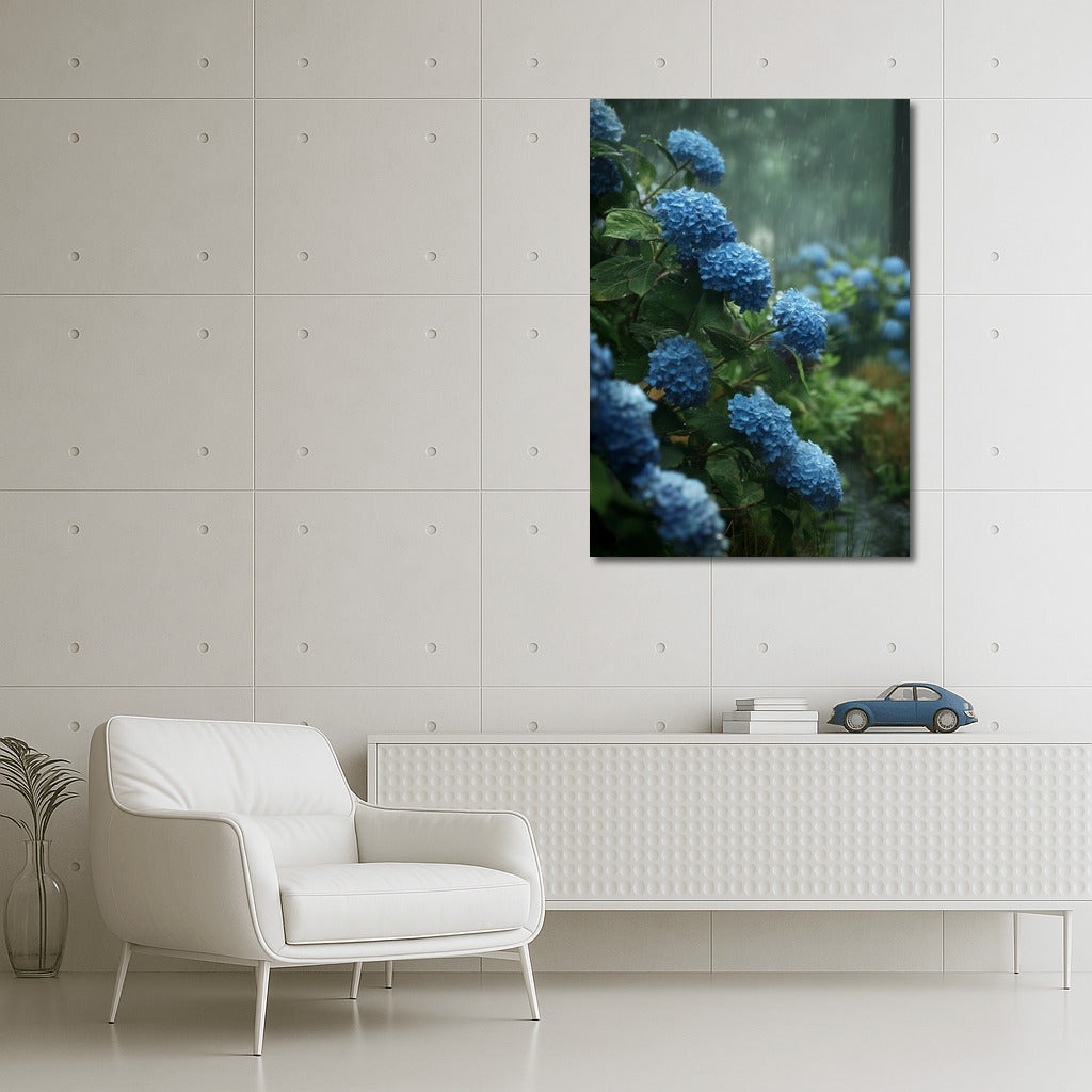 Blue Hydrangeas: Floral Symphony in the Rain