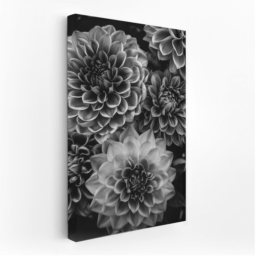 Elegant Dahlias: Black and White Floral Masterpiece for Interior