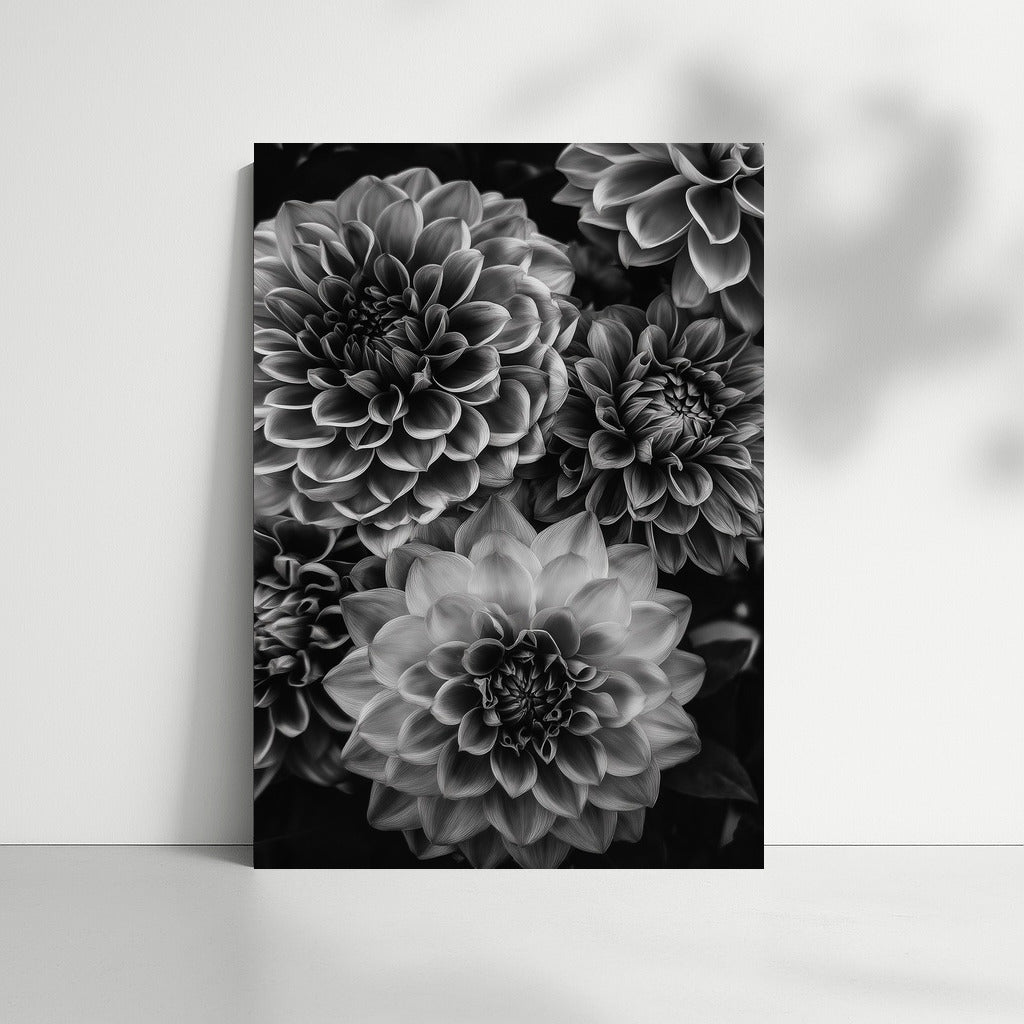 Elegant Dahlias: Black and White Floral Masterpiece for Interior