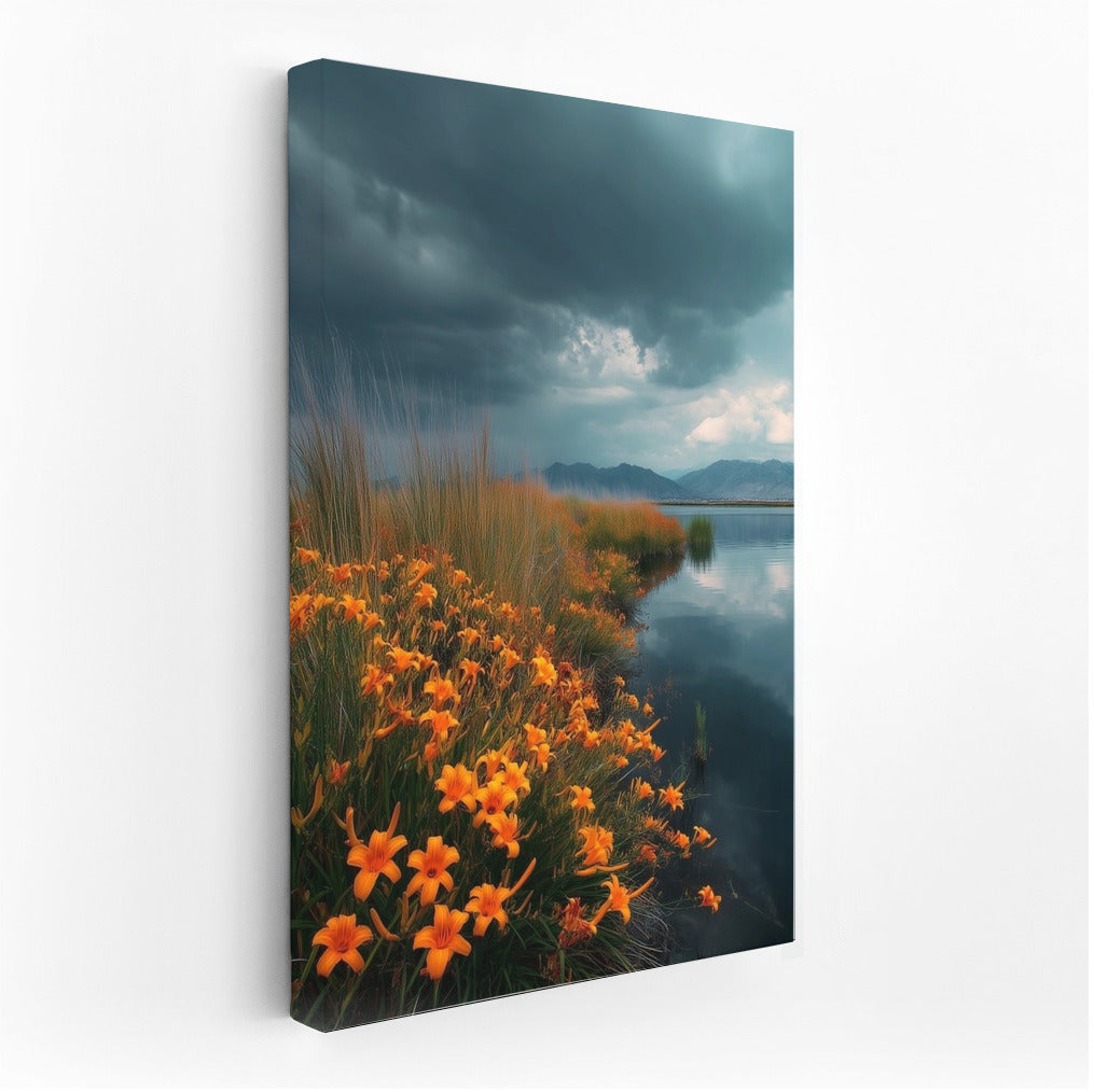 Orange Lilies Against a Dramatic Sky: Vivid Contrast of Flowers and Water