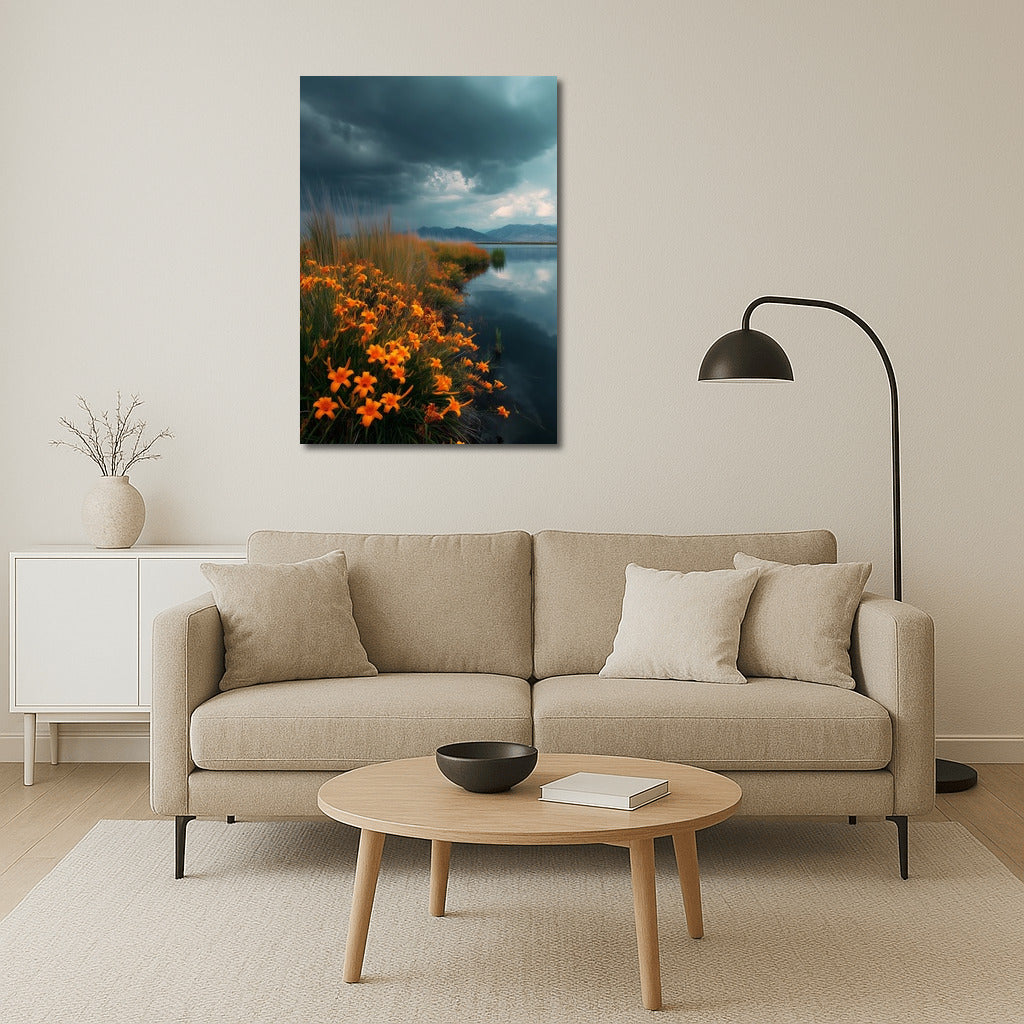 Orange Lilies Against a Dramatic Sky: Vivid Contrast of Flowers and Water