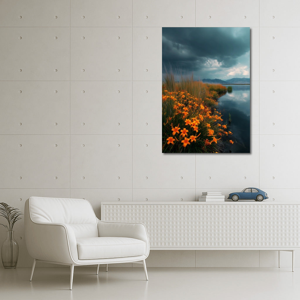 Orange Lilies Against a Dramatic Sky: Vivid Contrast of Flowers and Water