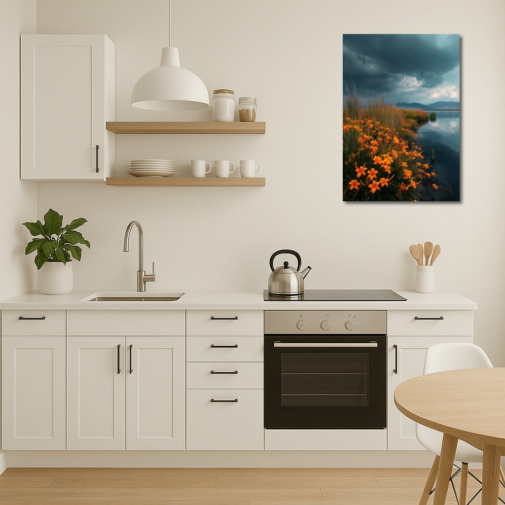 Orange Lilies Against a Dramatic Sky: Vivid Contrast of Flowers and Water
