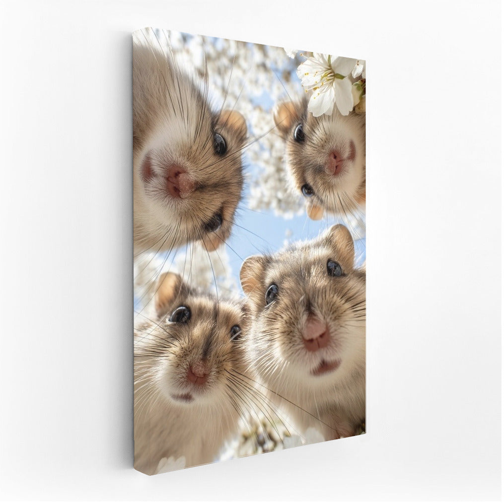 Spring Adventures: Four Syrian Hamsters Among Flowering Branches