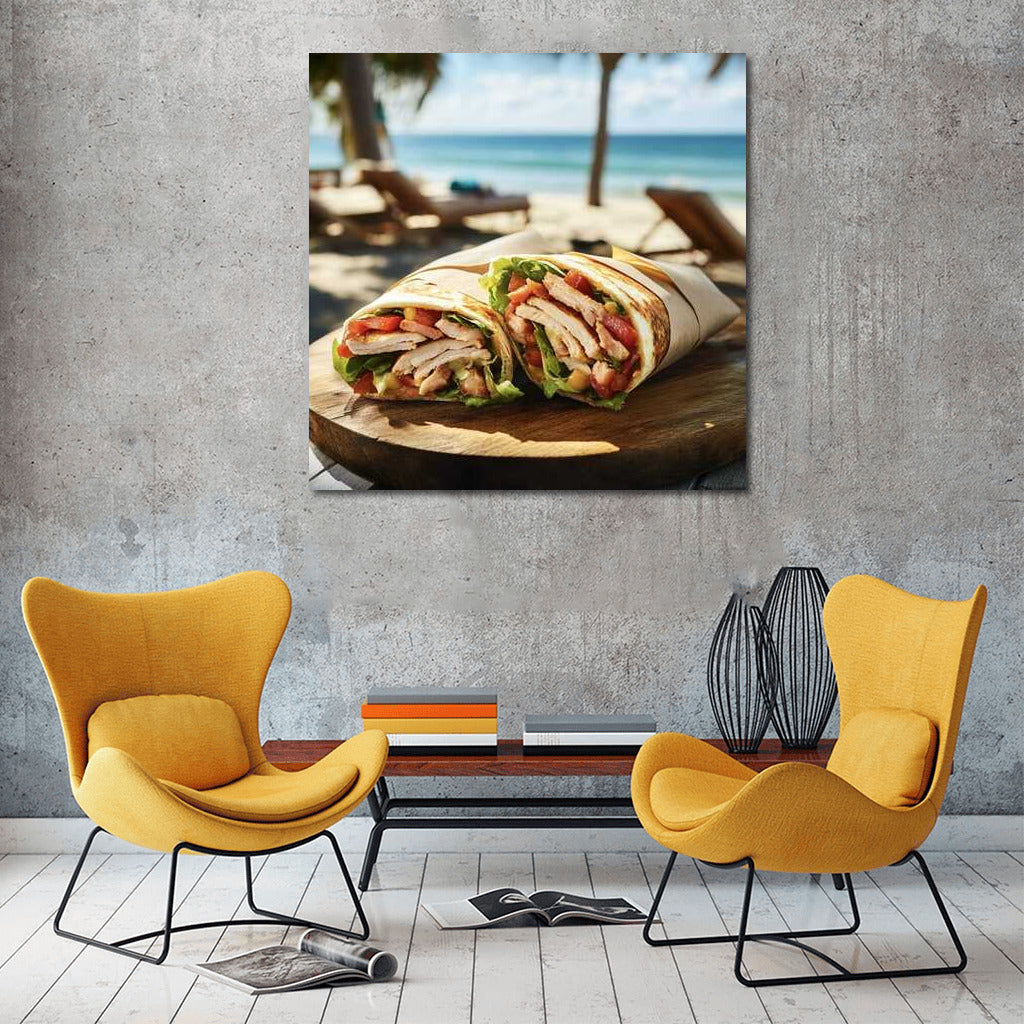 Chicken Burrito on the Sandy Beach: Juicy Food Photography Mood