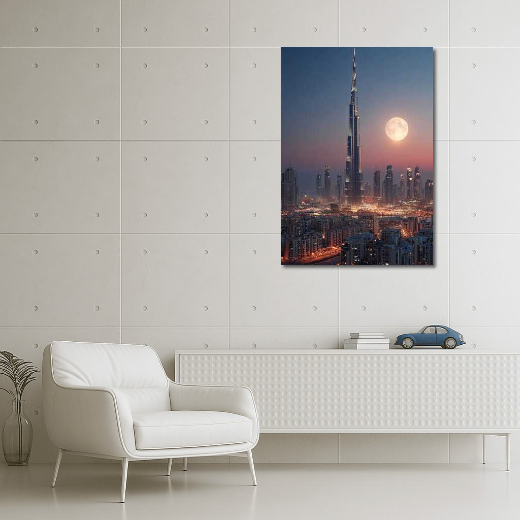 Lunar Dubai: Skyscraper Glows in the Night