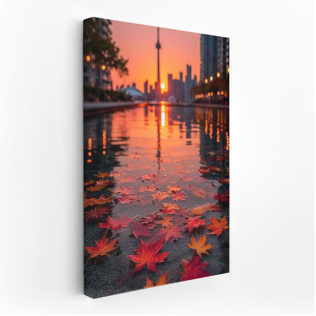 Autumn Sunset Over Toronto: Silhouetted Towers and Vibrant Leaves