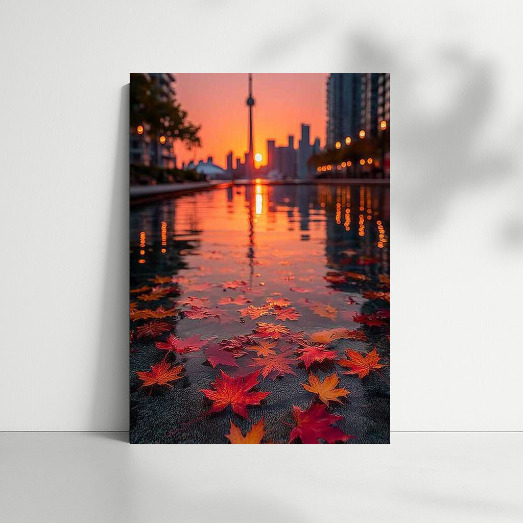 Autumn Sunset Over Toronto: Silhouetted Towers and Vibrant Leaves