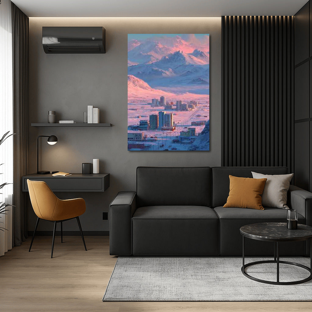 Winter Morning: Mountains and City in Pink Light