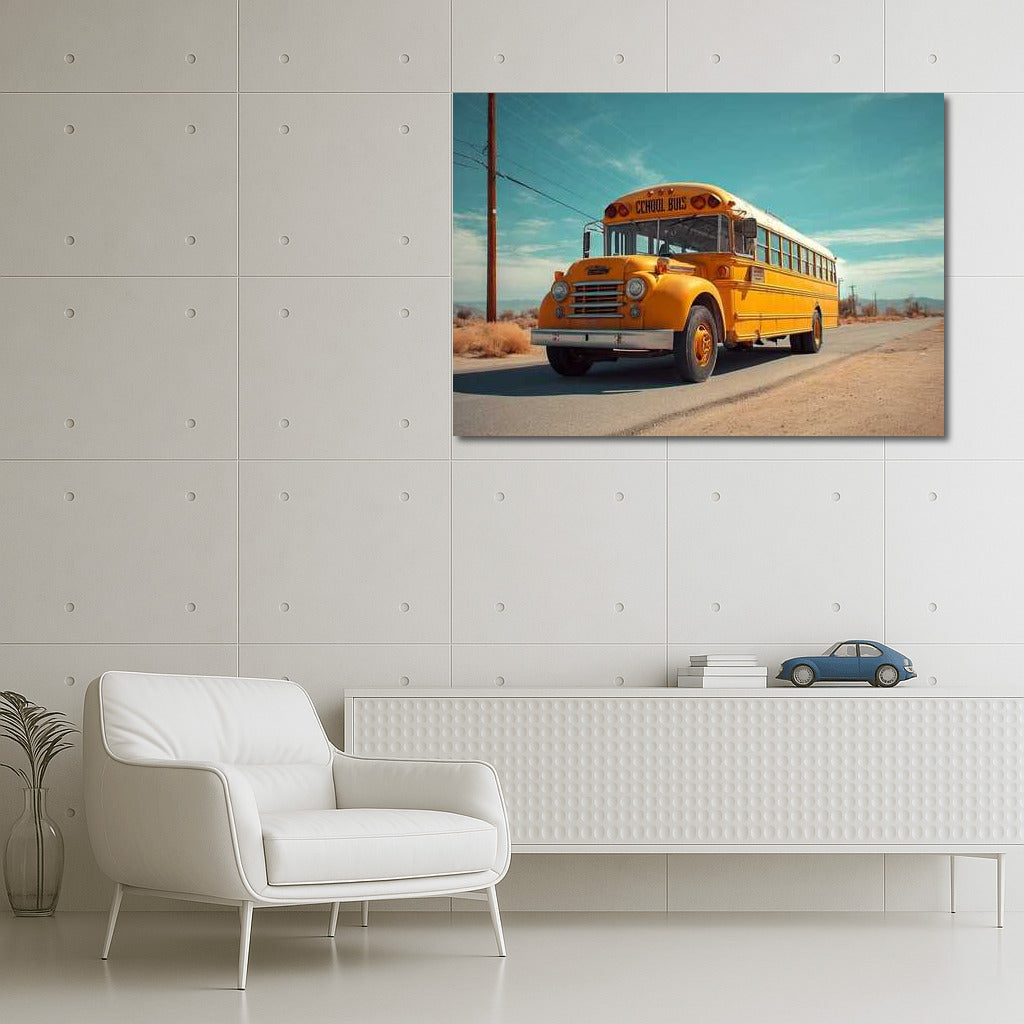 Yellow School Bus Under Azure Sky: Nostalgia and Style