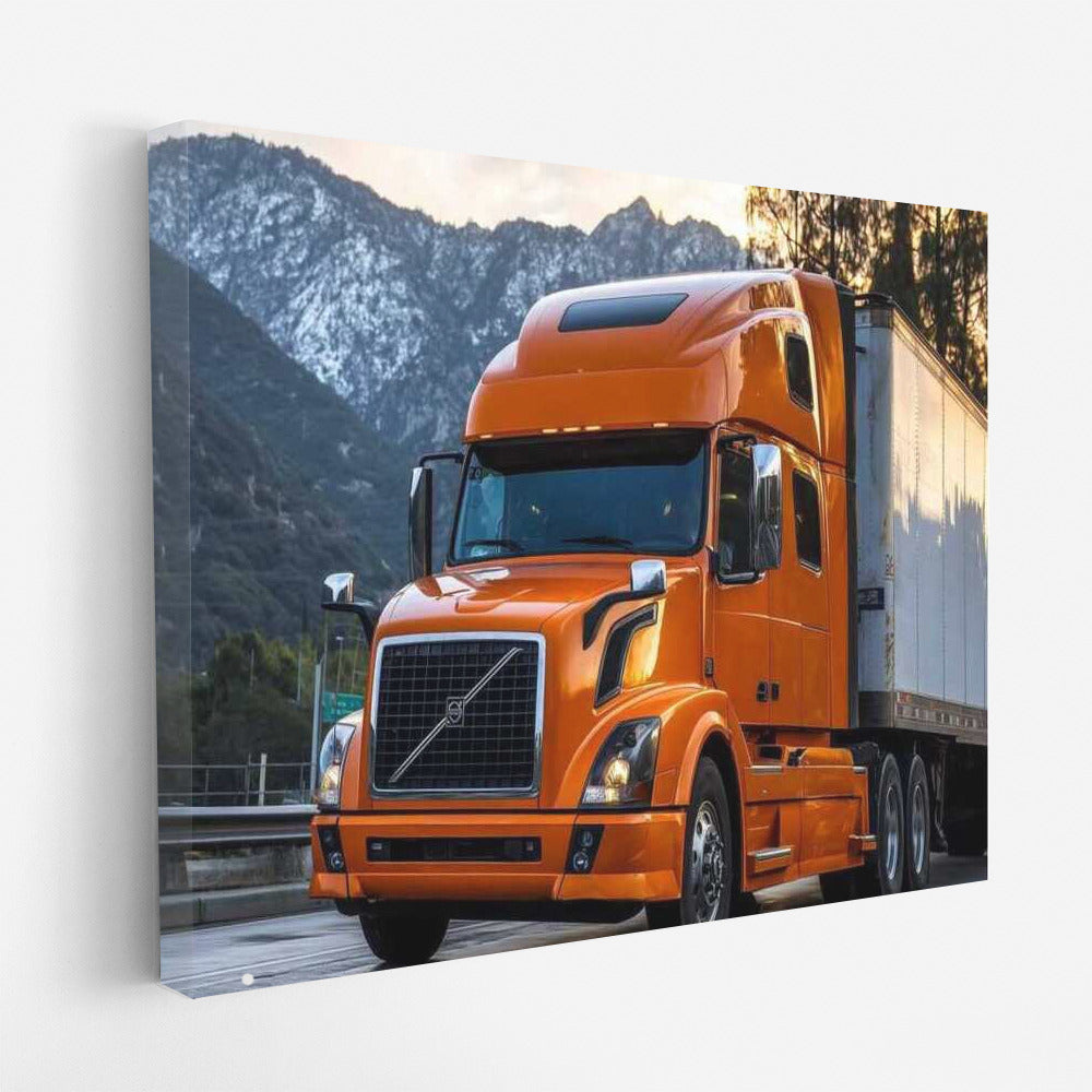 Volvo's Greatness: Orange Truck Among the Mountains