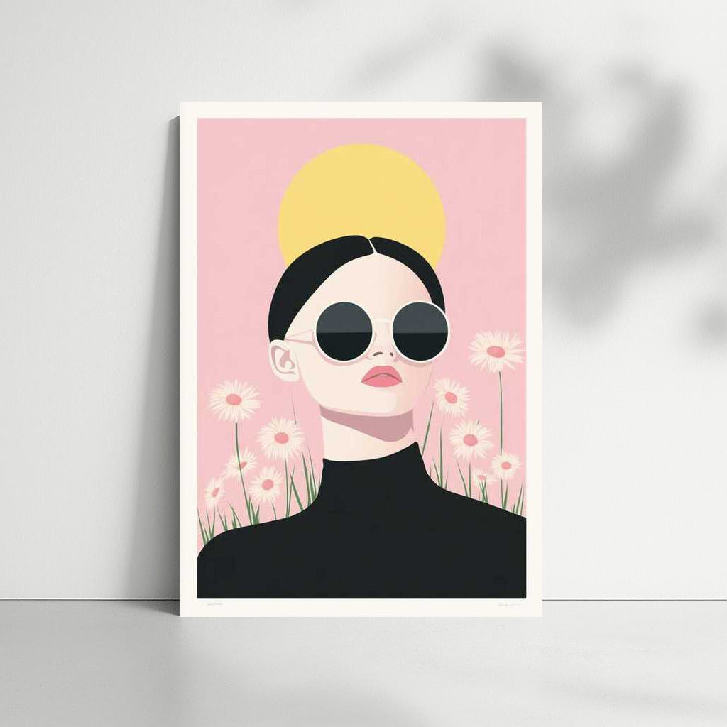 Mysterious Figure in Sunglasses with Daisies: Modern Minimalism
