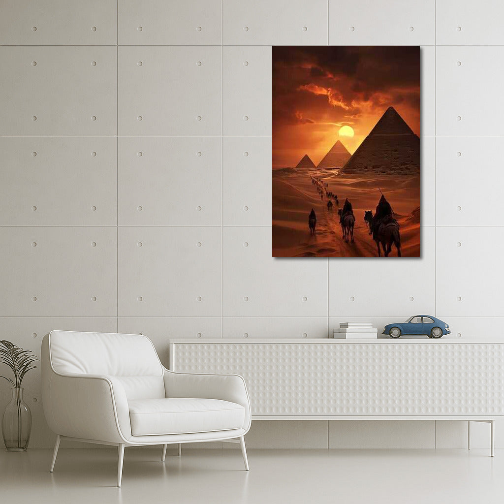 Caravan at the Pyramids: Sunset over Ancient Egypt