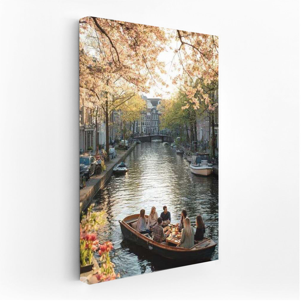 Dutch Spring Canal: Boat Under Blooming Trees