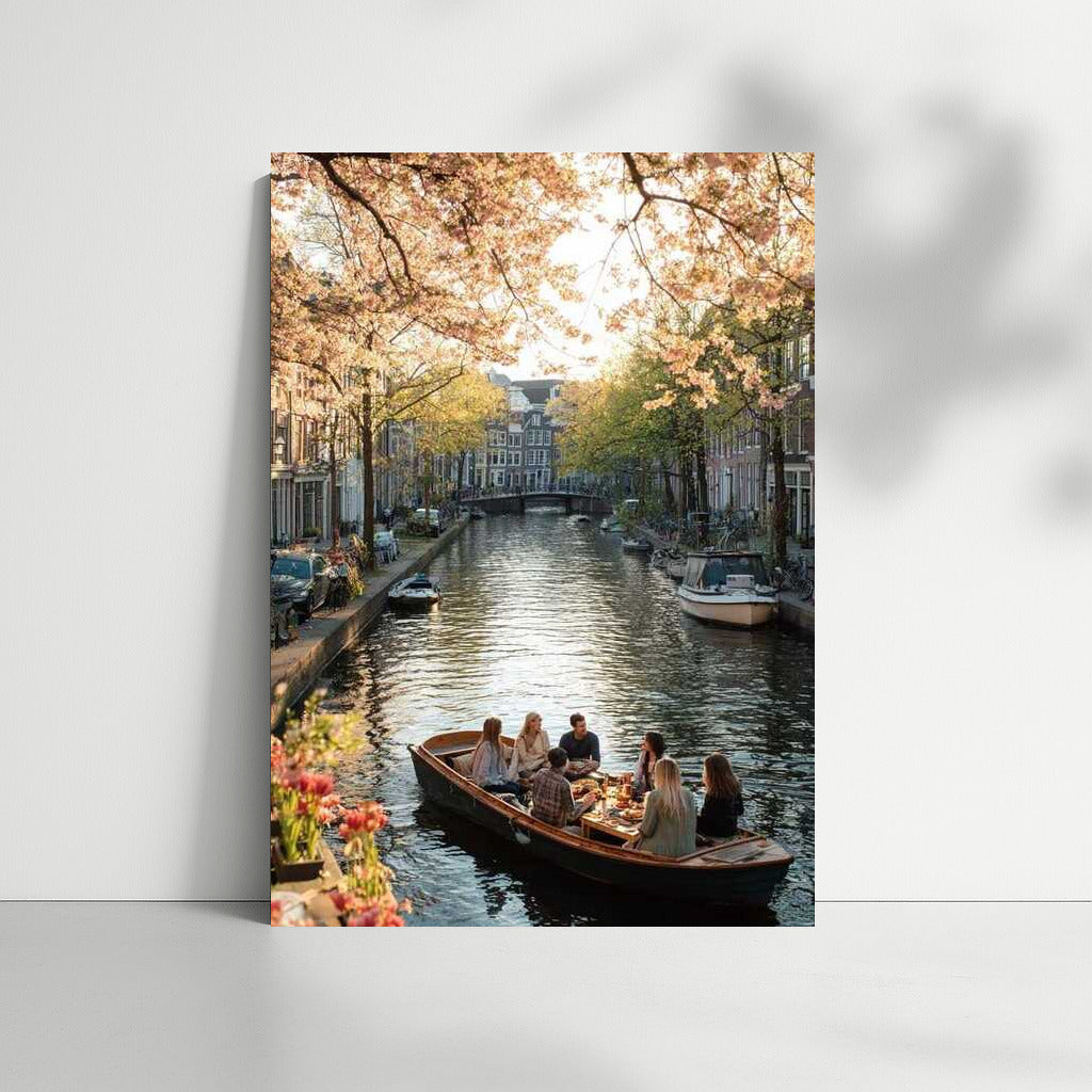 Dutch Spring Canal: Boat Under Blooming Trees