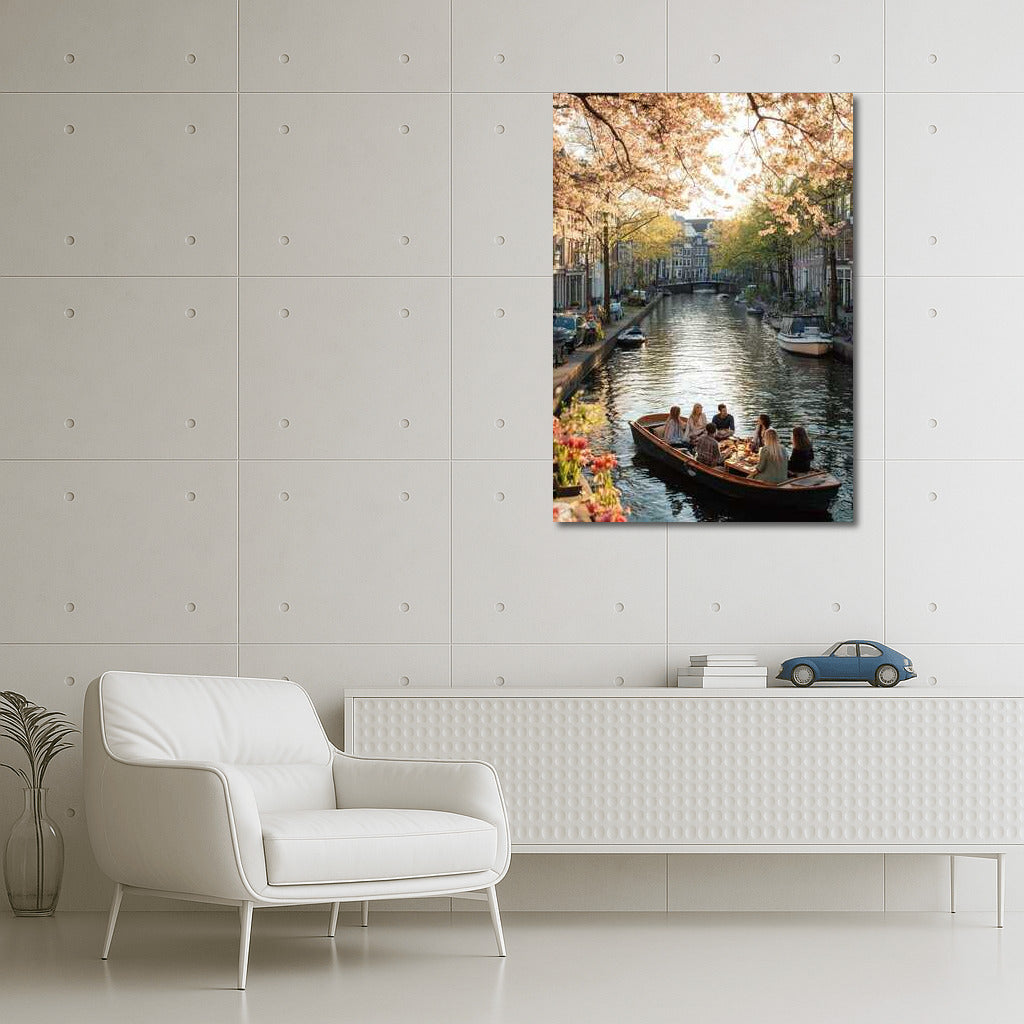 Dutch Spring Canal: Boat Under Blooming Trees