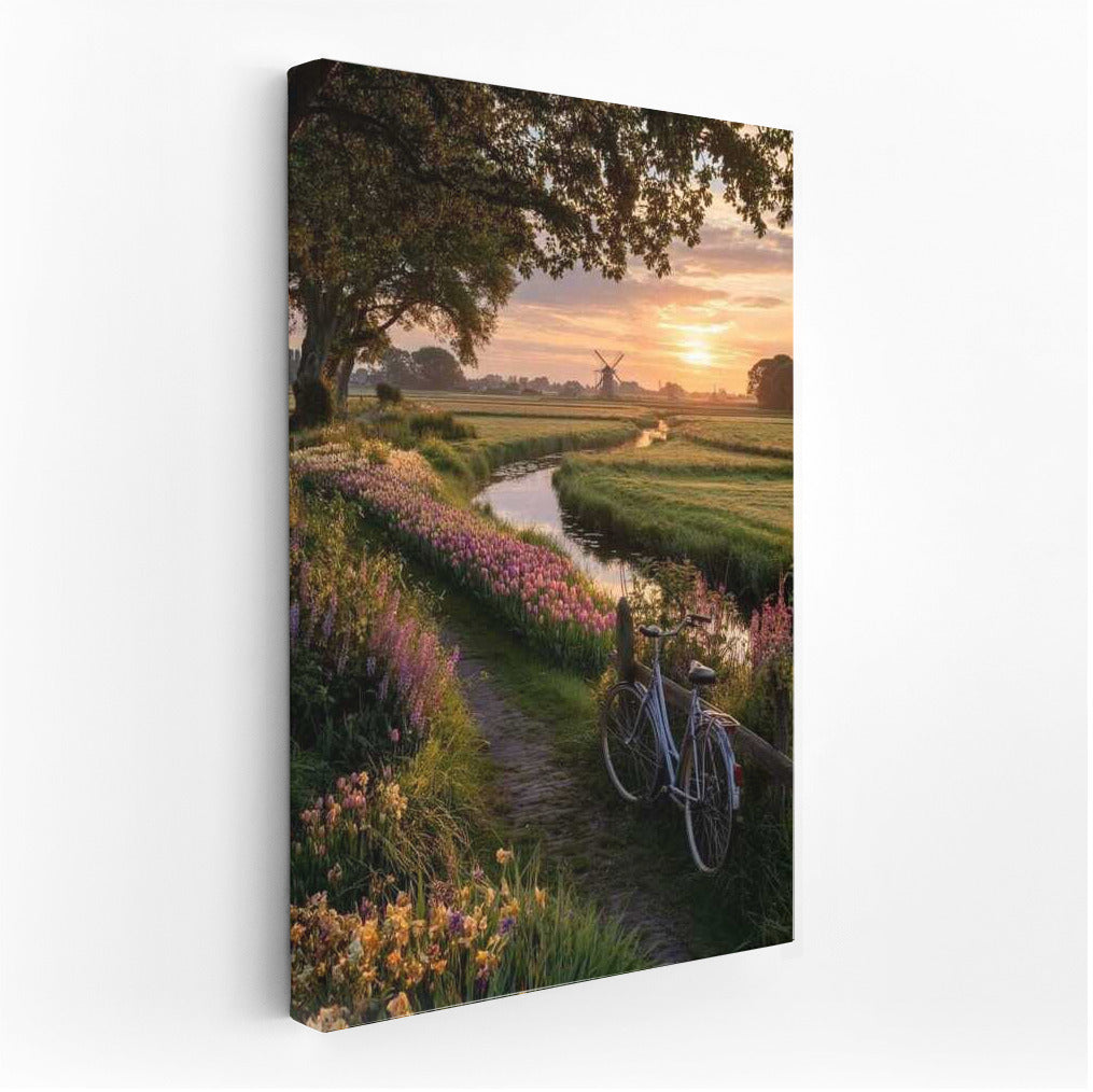Magical Sunset: Windmill and Blooming Fields of the Netherlands
