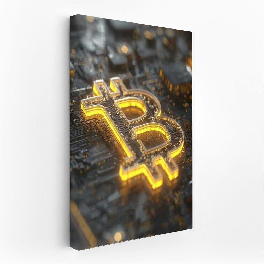 Glowing Bitcoin On Chip Background: Cryptocurrency Themed Wall Art