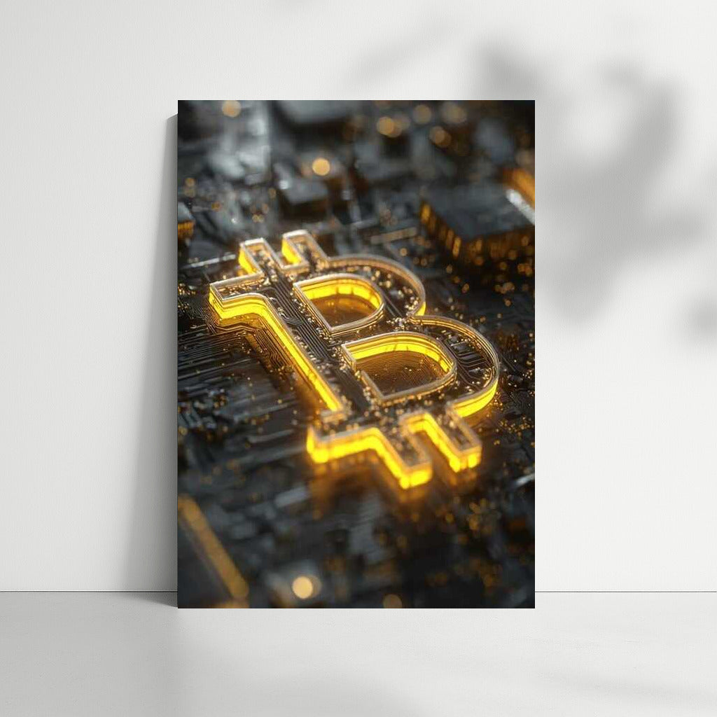 Glowing Bitcoin On Chip Background: Cryptocurrency Themed Wall Art